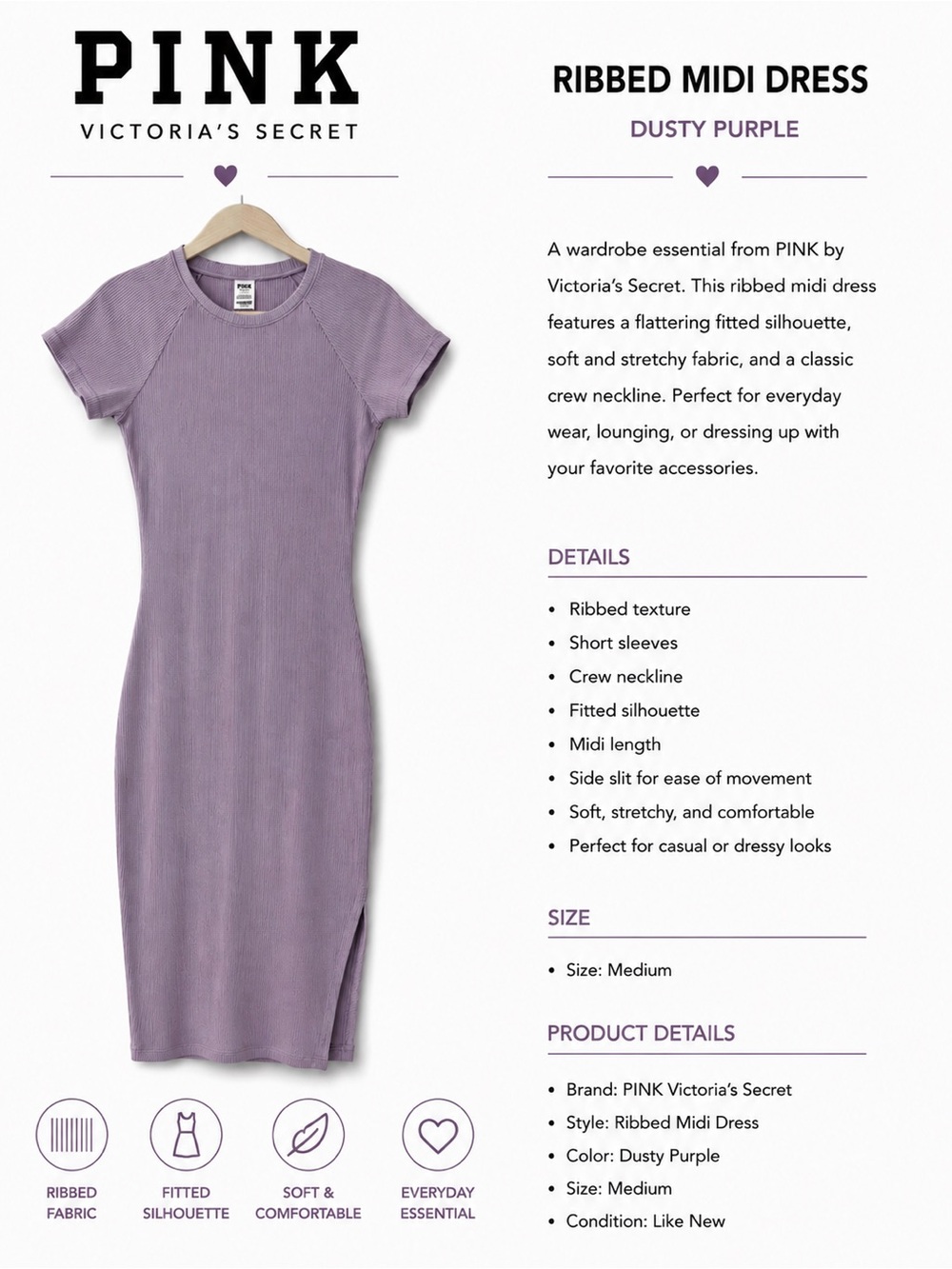 PINK Victoria's Secret Dusty Purple Ribbed Short-Sleeve Midi Dress